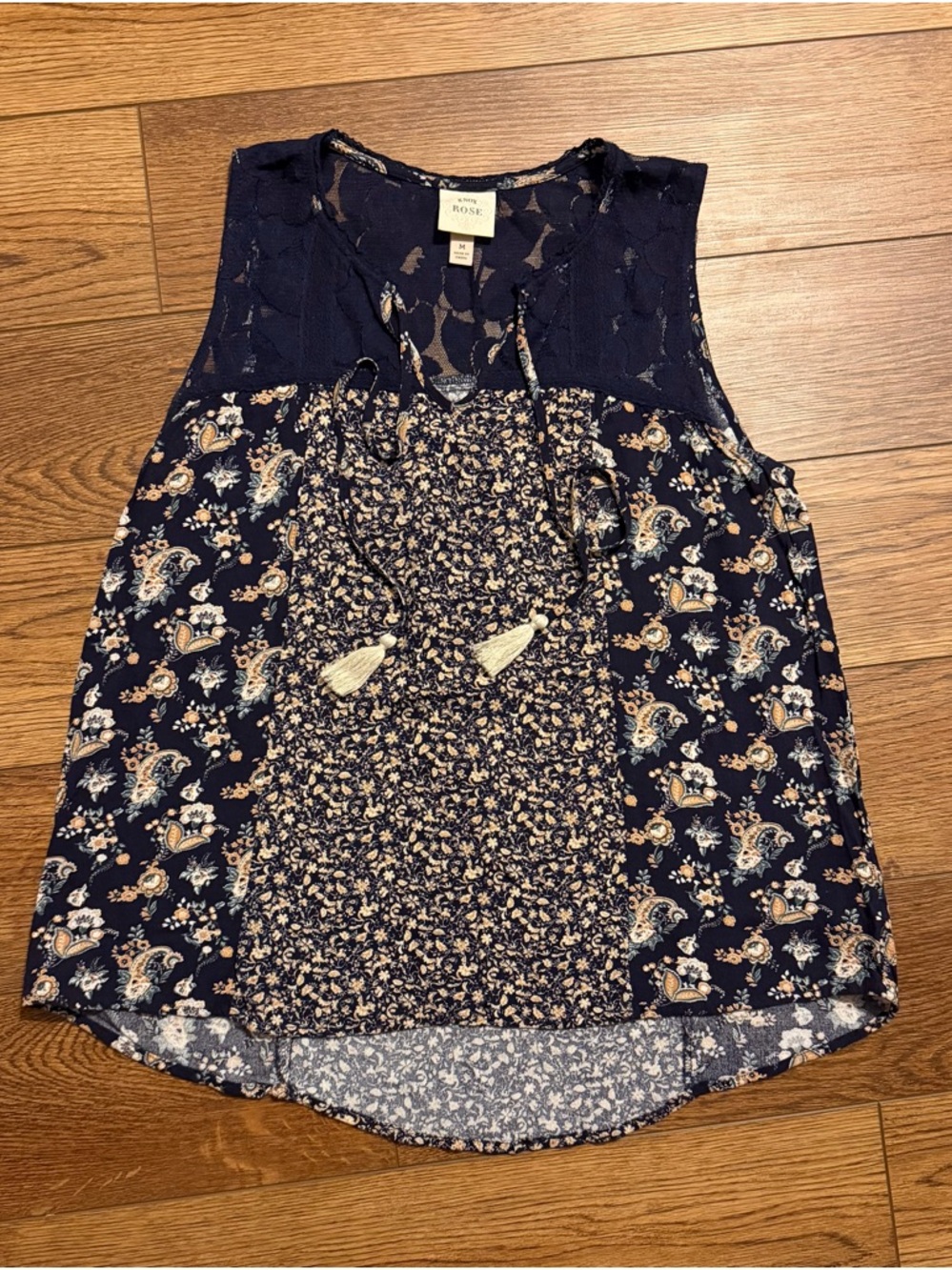 M Knox Rose Navy Mixed Floral Lace Yoke Camisole Boho Tank Tunic